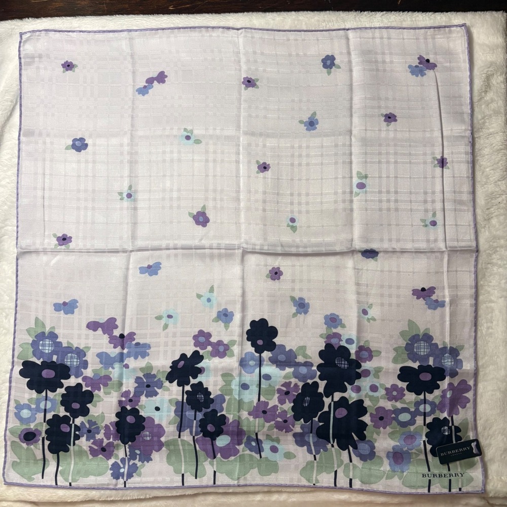 BURBERRY Scarf Handkerchief Floral Silk Purple Blue Green 23in